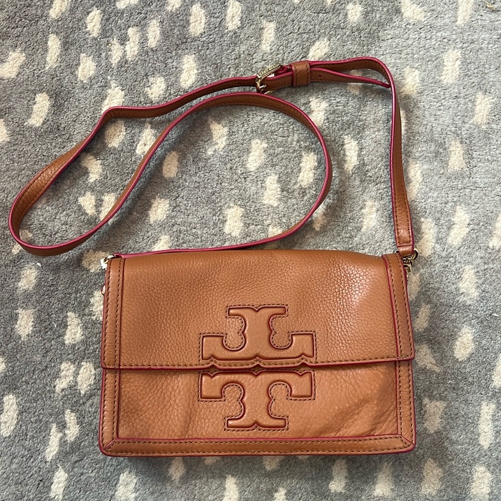 Tory Burch Tan Shoulder / Crossbody with Pink trim, EUC